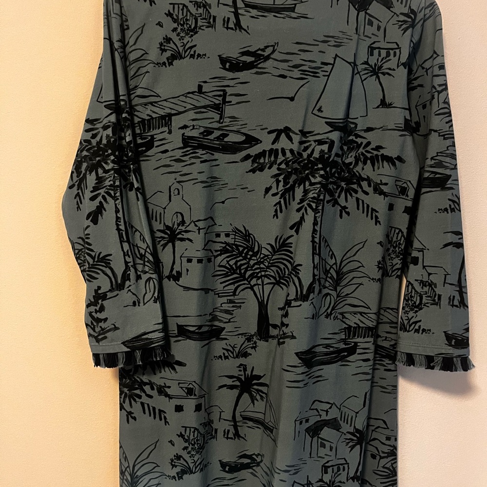 Spartina 449 navy and sky blue, beachy print, fringe hem